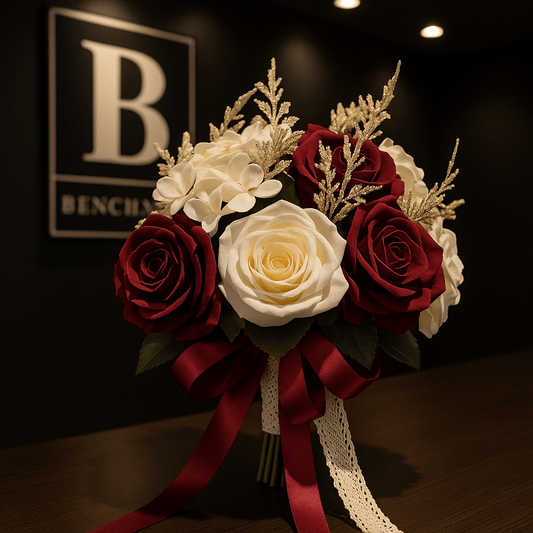 Benchaya Luxury Bridal Bouquet – Red & White Roses with Golden Accents - BENCHAYA