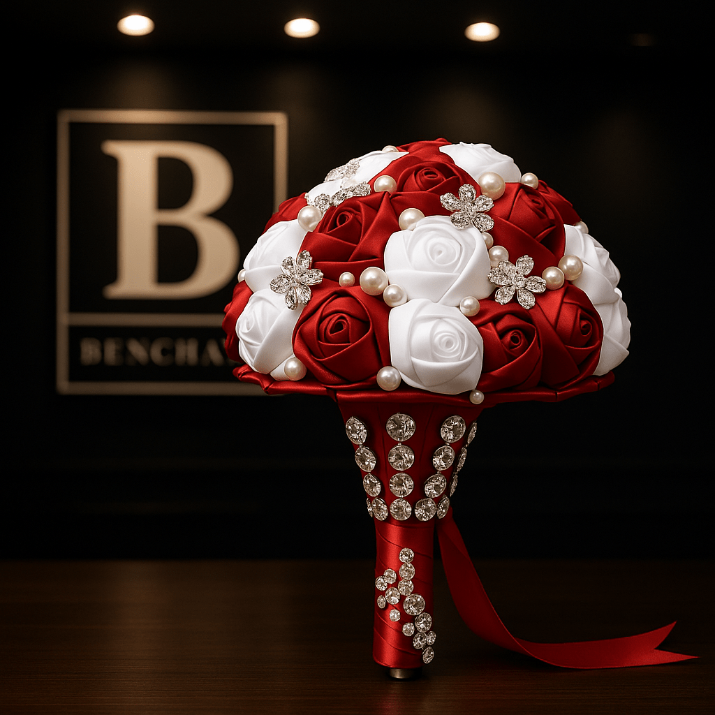 Benchaya Luxury Satin Bridal Bouquet – Red & White Roses with Pearls & Crystals - BENCHAYA